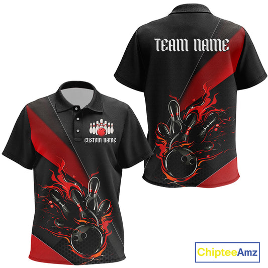 Red And Black Custom Flame Bowling Polo Shirts For Kid, Bowling Team Shirts With Name IPHW6185