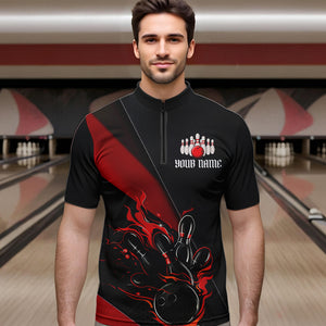 Black And Red Custom Name Bowling Tournament Jerseys For Men And Women, Bowling Team Shirts IPHW6185