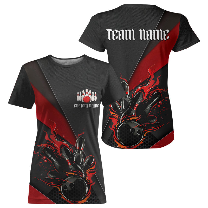 Red And Black Custom Flame Bowling T-Shirts For Women, Bowling Team With Name IPHW6185