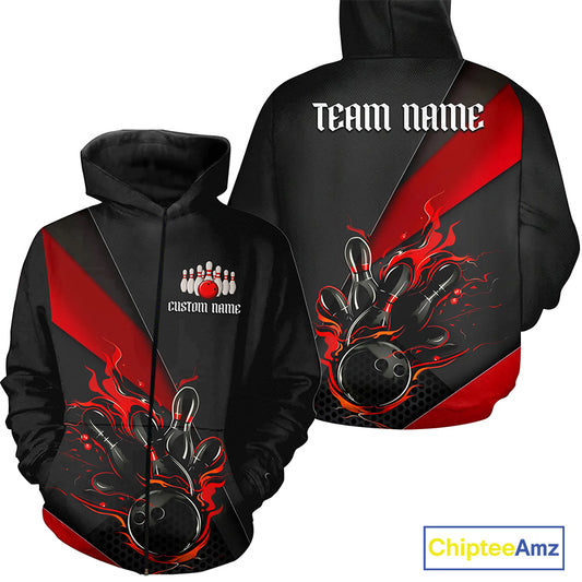 Red And Black Custom Flame Bowling Shirt For Men And Women, Hoodie Bowling Team Shirts With Name IPHW6185