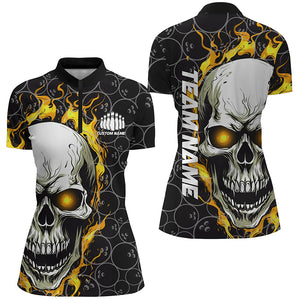 Custom Flaming Skull Team Bowling Shirts For Women, Halloween Bowling Jerseys | Yellow IPHW5148