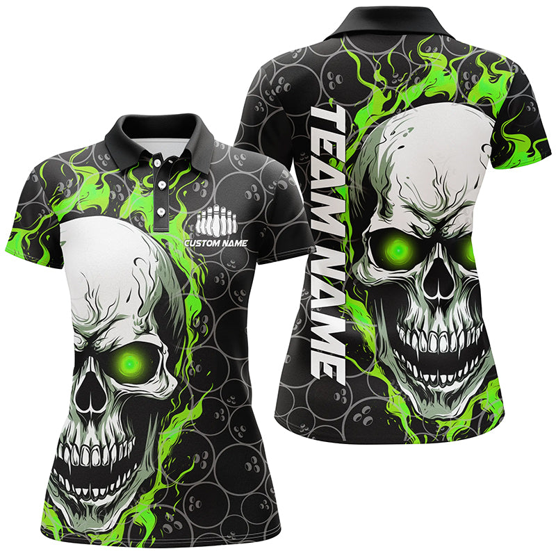 Custom Flaming Skull Team Bowling Shirts For Women, Halloween Bowling Jerseys | Green IPHW5149