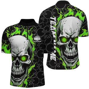 Custom Flaming Skull Team Bowling Shirts For Men, Halloween Bowling Jerseys | Green IPHW5149