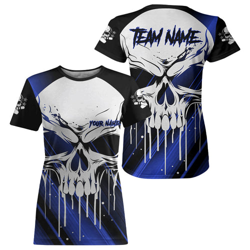 Custom Blue Skull Bowling T-Shirts For Women, Halloween Bowlers Jerseys IPHW5321