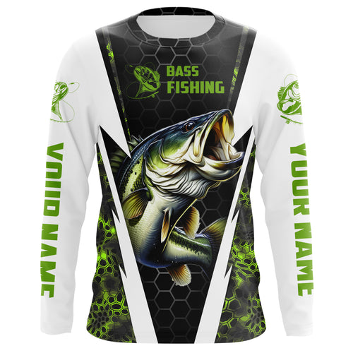 Personalized Bass Fishing jerseys, Bass Fishing Long Sleeve Fishing tournament shirts | green camo IPHW3515