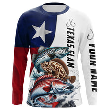 Load image into Gallery viewer, Texas Slam Redfish, Trout, Flounder Custom Long Sleeve Fishing Shirts, Texas Flag Fishing Jerseys IPHW6229