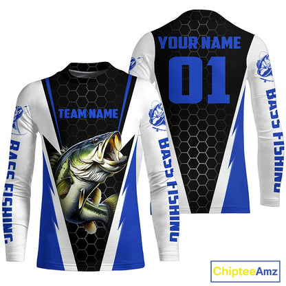 Personalized Bass Fishing Sport Jerseys, Bass Fishing Long Sleeve Tournament Shirts |Blue IPHW3744