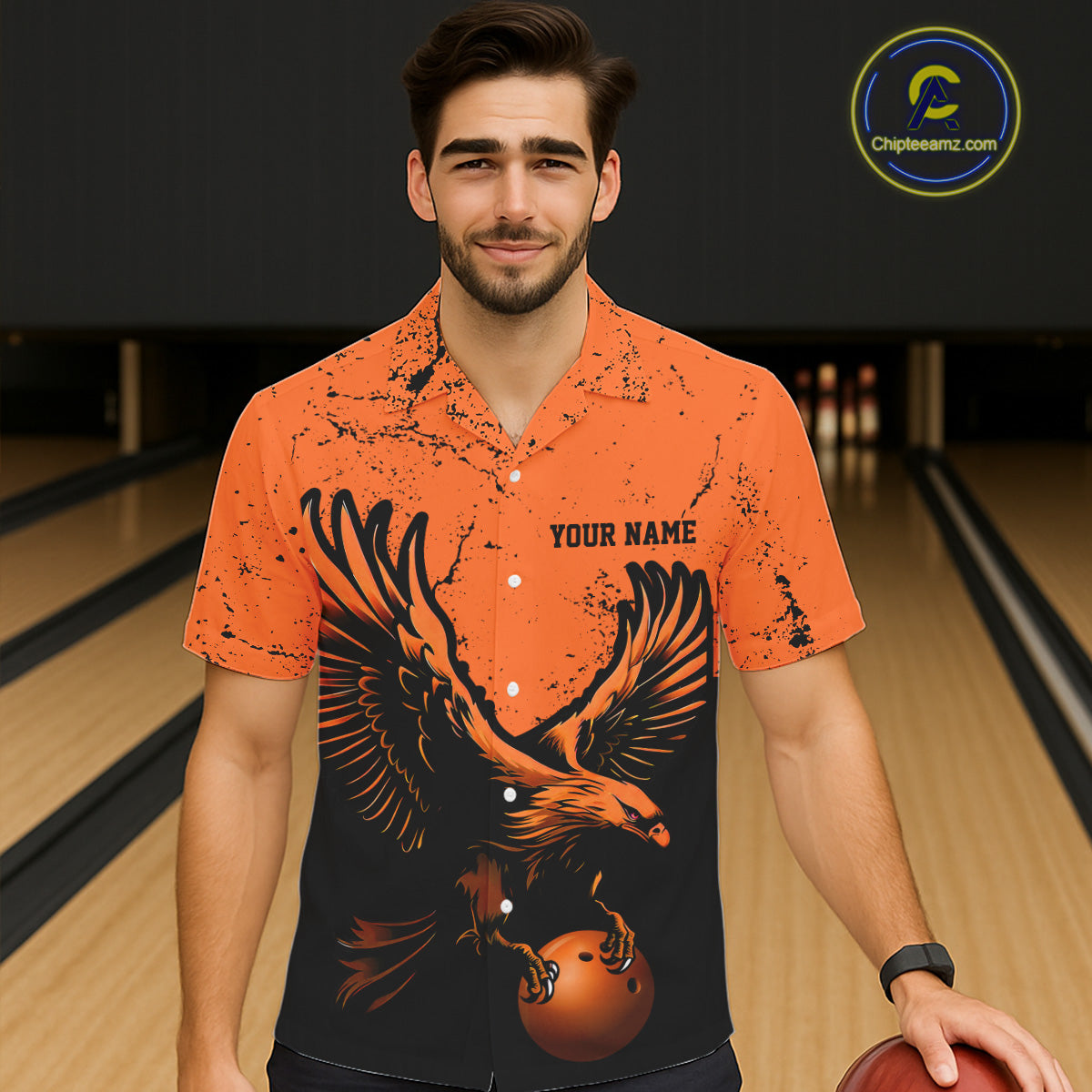 Custom Orange Eagle Men Bowling Hawaiian Shirts Grunge Vintage Bowling Team Jerseys Bowlers Outfits IPHW5343