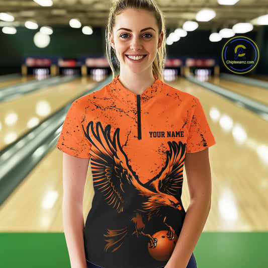 Custom Orange Eagle Women Bowling Quarter Zip Shirts Grunge Vintage Bowling Team Jerseys IPHW5343