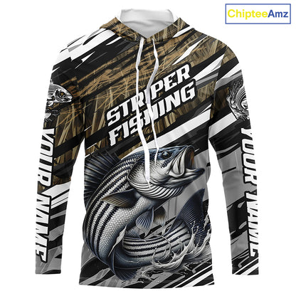 Striped Bass Fishing Camo Long Sleeve Fishing Shirts, Custom Striper Tournament Fishing Jerseys IPHW5954