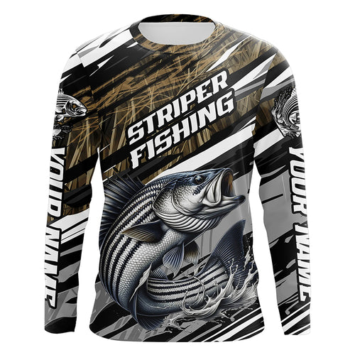 Striped Bass Fishing Camo Long Sleeve Fishing Shirts, Custom Striper Tournament Fishing Jerseys IPHW5954