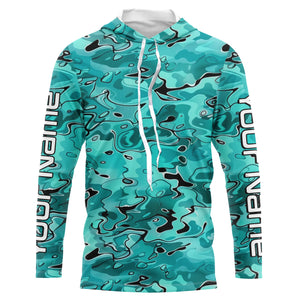 Turquoise Blue Camo Custom Long Sleeve Performance Fishing Shirts, Blue Camouflage Fishing Jerseys IPHW5970