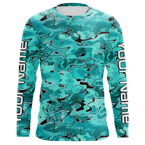 Turquoise Blue Camo Custom Long Sleeve Performance Fishing Shirts, Blue Camouflage Fishing Jerseys IPHW5970