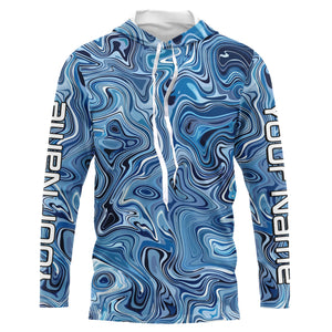 Turquoise Blue Camo Custom Long Sleeve Performance Fishing Shirts, Blue Camouflage Fishing Jerseys IPHW5974