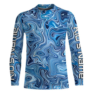 Turquoise Blue Camo Custom Long Sleeve Performance Fishing Shirts, Blue Camouflage Fishing Jerseys IPHW5974