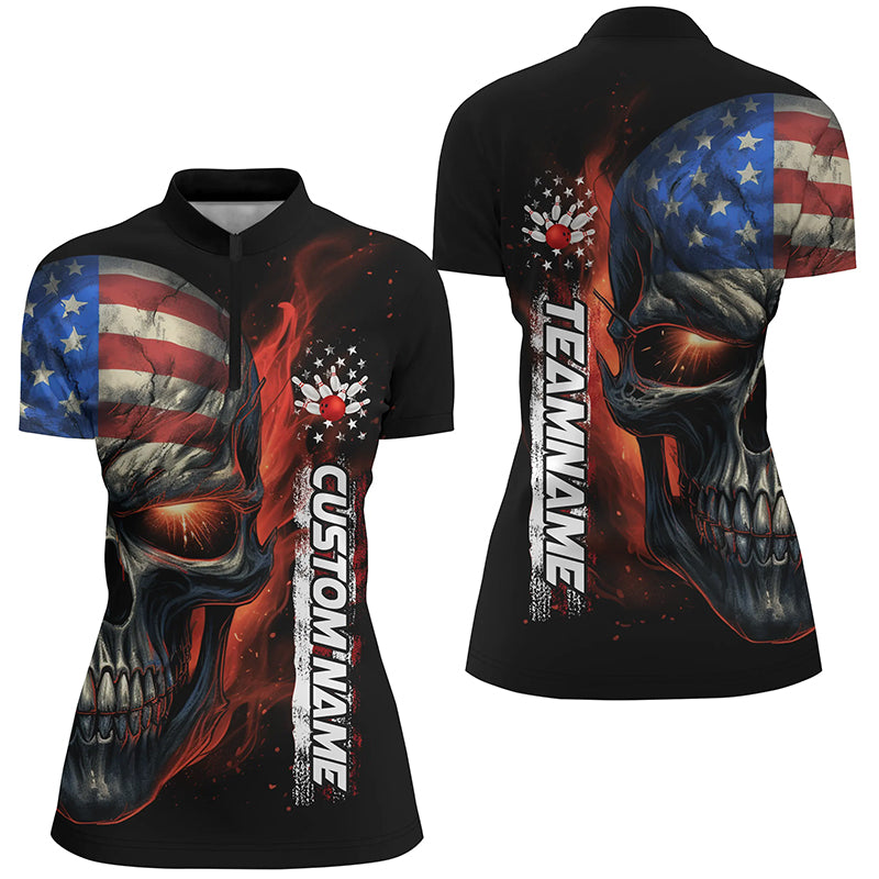 Flame Skull American Flag Custom Women's Team Bowling Shirts, Patriotic Bowling Jerseys IPHW5176