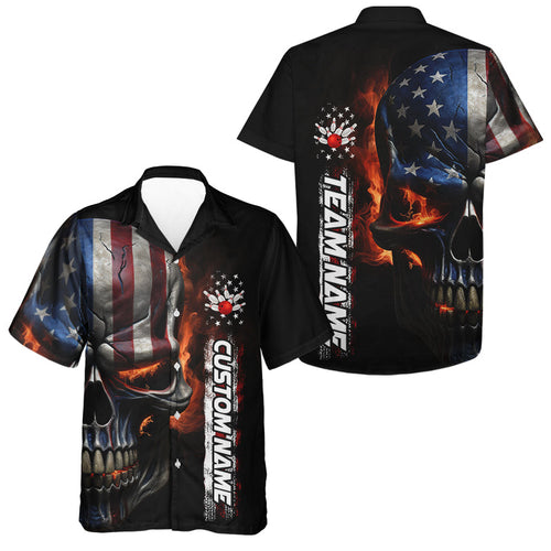 Flame Skull American Flag Custom Team Bowling Men And Women Hawaiian Shirt, Patriotic Bowling Jerseys IPHW5177