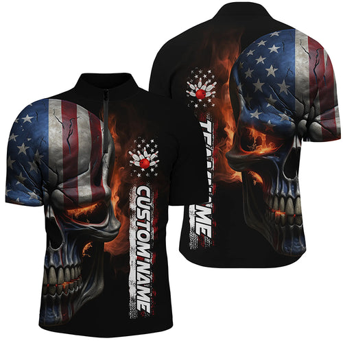 Flame Skull American Flag Custom Team Bowling Shirts For Men, Patriotic Bowling Shirt Jerseys IPHW5177