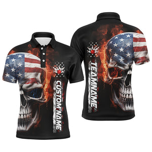 Flame Skull American Flag Custom Team Bowling Shirts For Men, Patriotic Bowling Shirt Jerseys IPHW5179