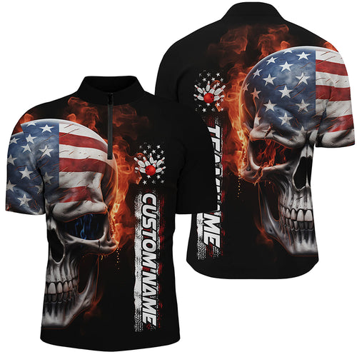Flame Skull American Flag Custom Team Bowling Shirts For Men, Patriotic Bowling Shirt Jerseys IPHW5179