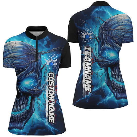 Blue Thunder Lightning Custom Bowling Team Shirts For Women, Personalized Bowling Jerseys IPHW5188