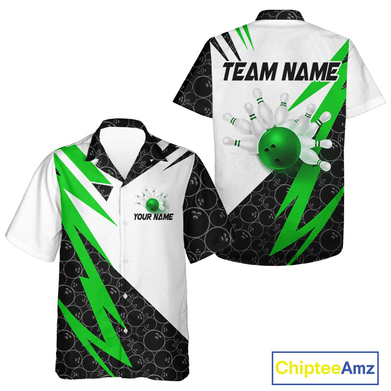 Black and White Hawaiian bowling shirt Custom Lightning Team bowling button up shirt | Green NQS9838