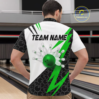 Black and White Bowling Polo, Quarter Zip Shirt for Men Custom Lightning Team bowling jerseys | Green NQS9838