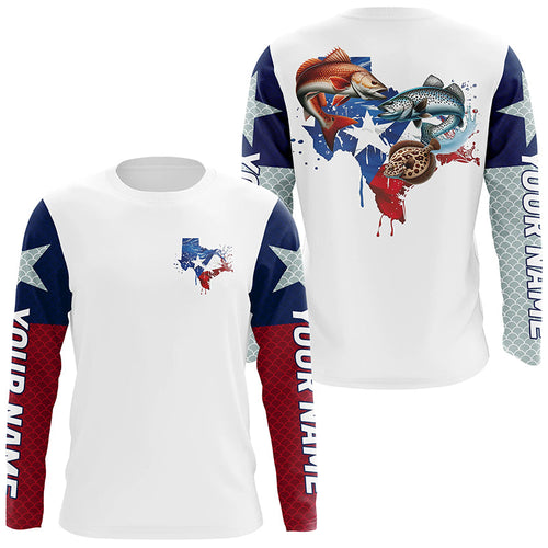 Custom Texas Slam Long Sleeve Fishing Shirts, Texas Trio Redfish, Trout, Flounder Fishing Shirts IPHW7068