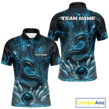 Load image into Gallery viewer, Custom Blue Flame Dragon Bowling Men Polo Shirts, Dragon Bowling League Shirt IPHW10224