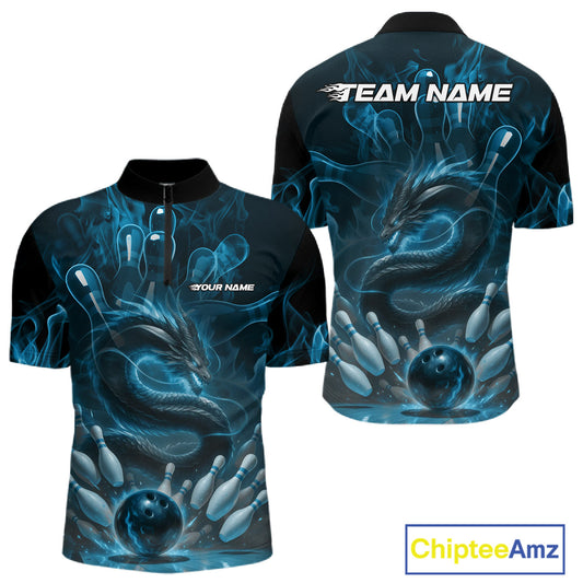 Custom Blue Flame Dragon Bowling Men Quarter-Zip Shirts, Dragon Bowling League Shirt IPHW10224