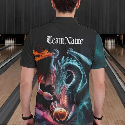 Blue Smoke Custom Dragon Bowling Team Polo Shirts For Men, Dragon Bowling Tournament Shirt IPHW8322