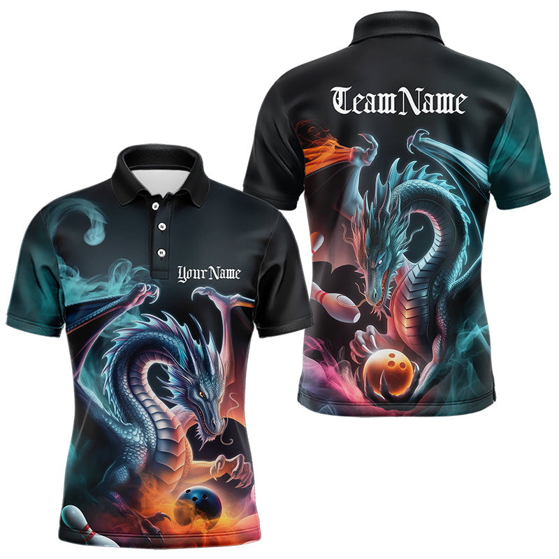 Blue Smoke Custom Dragon Bowling Team Polo Shirts For Men, Dragon Bowling Tournament Shirt IPHW8322