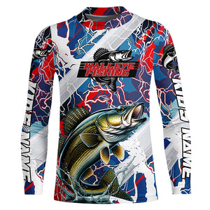 Red, White And Blue Lightning Camo Custom Walleye Long Sleeve Tournament Fishing Shirts IPHW6028