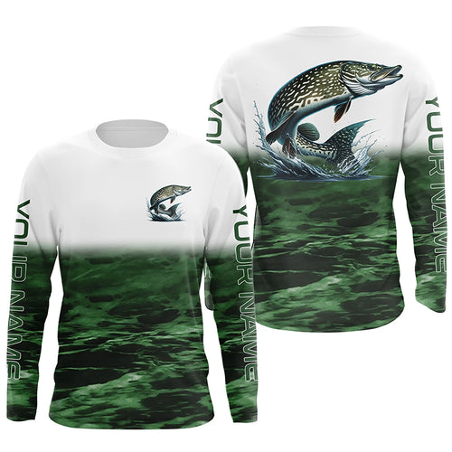 Personalized Pike Fishing Long Sleeve Tournament Fishing Shirts, Pike Fishing Jerseys | Green IPHW6034