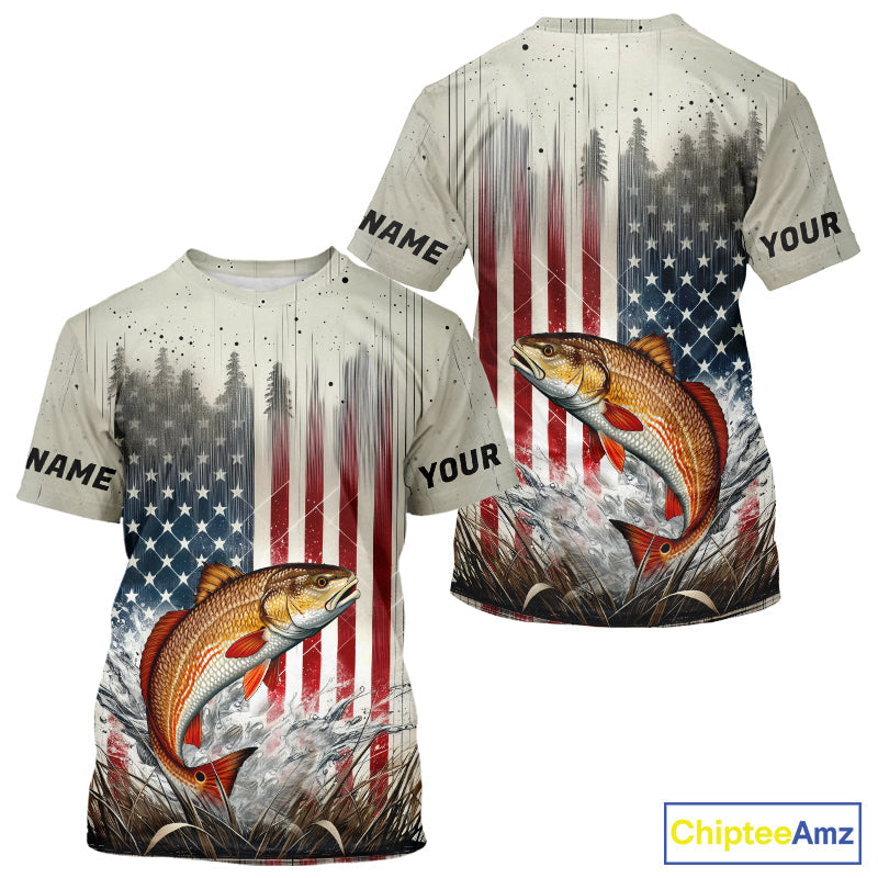 Custom Patriotic US Flag  Redfish Puppy Drum Fishing T-Shirts, Redfish Fishing Jerseys IPHW9294
