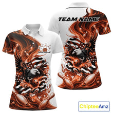 Load image into Gallery viewer, White and orange women’s polo shirt mockup shown front and back with eagle graphics, bowling elements, and flowing flag inspired artwork.