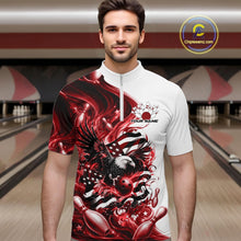 Load image into Gallery viewer, Front view male model in a bowling lane wearing a white and red quarter zip shirt with eagle graphics, bowling elements, and flowing flag inspired artwork.