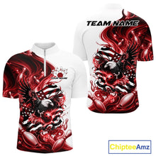 Load image into Gallery viewer, Front and back white and red men’s bowling quarter zip shirt mockup featuring eagle artwork, bowling elements, and flowing flag inspired accents.