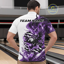 Load image into Gallery viewer, Male model front view at the bowling lane wearing a white and purple bowling quarter zip shirt with eagle artwork and flag inspired accents.