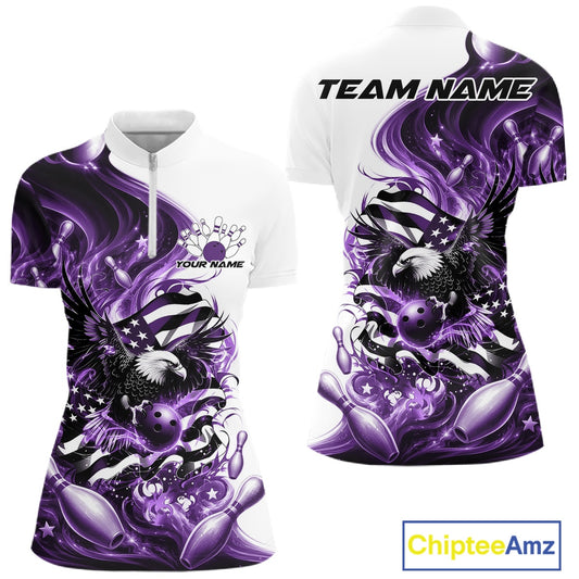 Front and back white and purple women’s bowling quarter zip mockup with eagle graphics, bowling elements, and flowing flag inspired artwork.