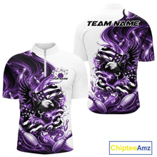 Load image into Gallery viewer, Front and back white and purple men’s bowling quarter zip shirt mockup featuring eagle graphics, bowling elements, and flowing American flag inspired artwork.