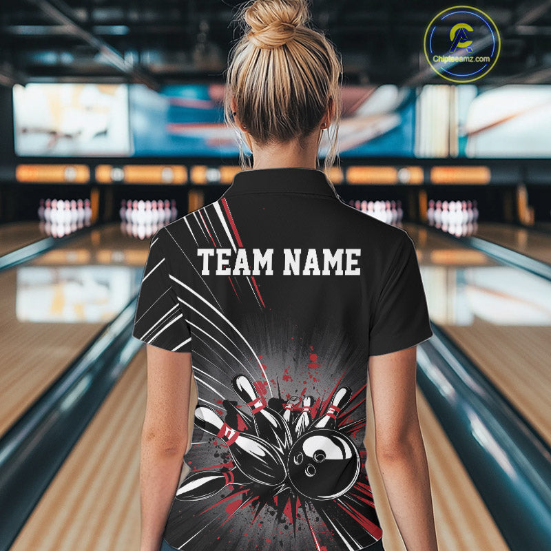 Custom Black And Red Grunge Bowling Team Jerseys, Women Bowling Polo Shirts IPHW9620