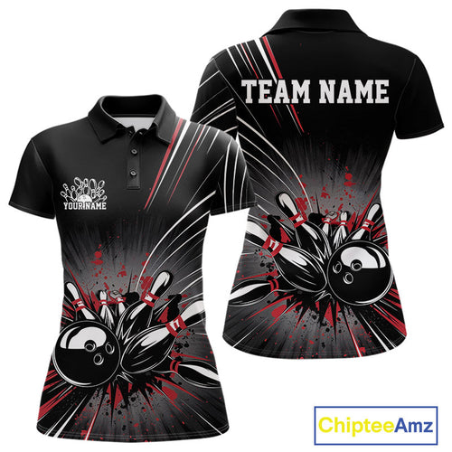 Custom Black And Red Grunge Bowling Team Jerseys, Women Bowling Polo Shirts IPHW9620