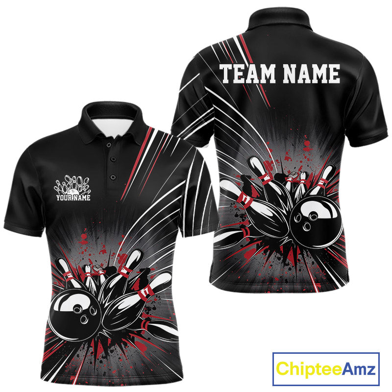 Custom Black And Red Grunge Bowling Team Jerseys, Men Bowling Polo Shirts IPHW9620