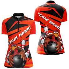 Load image into Gallery viewer, Black And Orange Custom Turkey Ladies Bowling Shirts, Thanksgiving Bowling Team Outfits IPHW7657