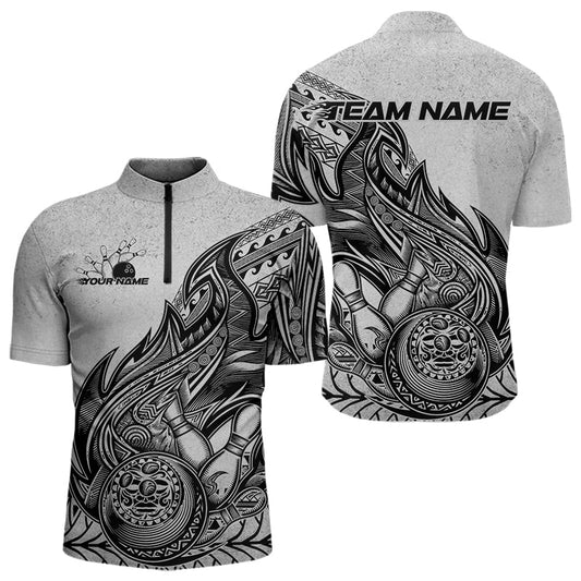 Custom Grunge Black And Gray Tribal Flame Polynesian Bowling Team Quarter-Zip Shirts For Men IPHW8804