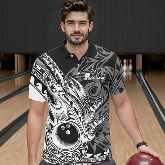 Custom Black And White Flame Tribal Polynesian Bowling Men Polo Shirts, Bowling Team Uniform IPHW8809