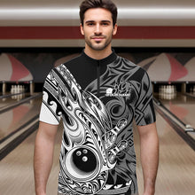 Load image into Gallery viewer, Custom Black And White Flame Tribal Polynesian Bowling Men Quarter-Zip Shirts, Bowling Team Uniform IPHW8809