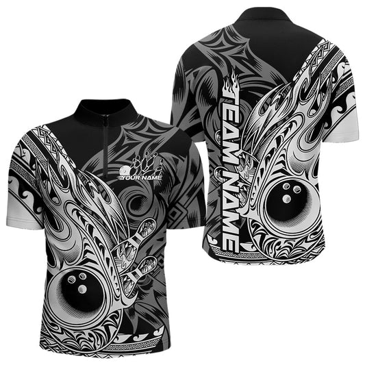 Custom Black And White Flame Tribal Polynesian Bowling Men Quarter-Zip Shirts, Bowling Team Uniform IPHW8809