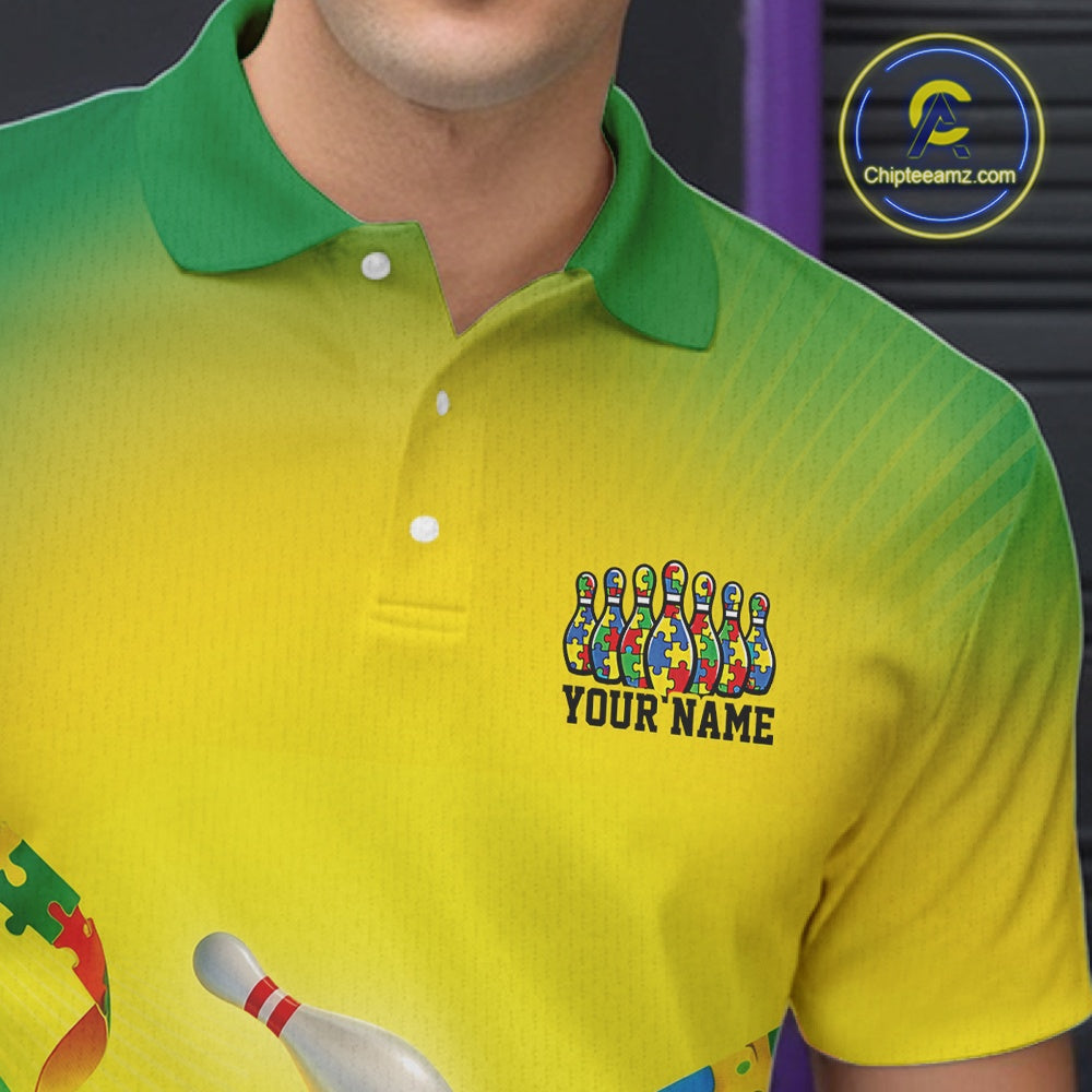 Close-up left chest detail of green and yellow bowling polo shirt featuring autism puzzle bowling ball and pins emblem design